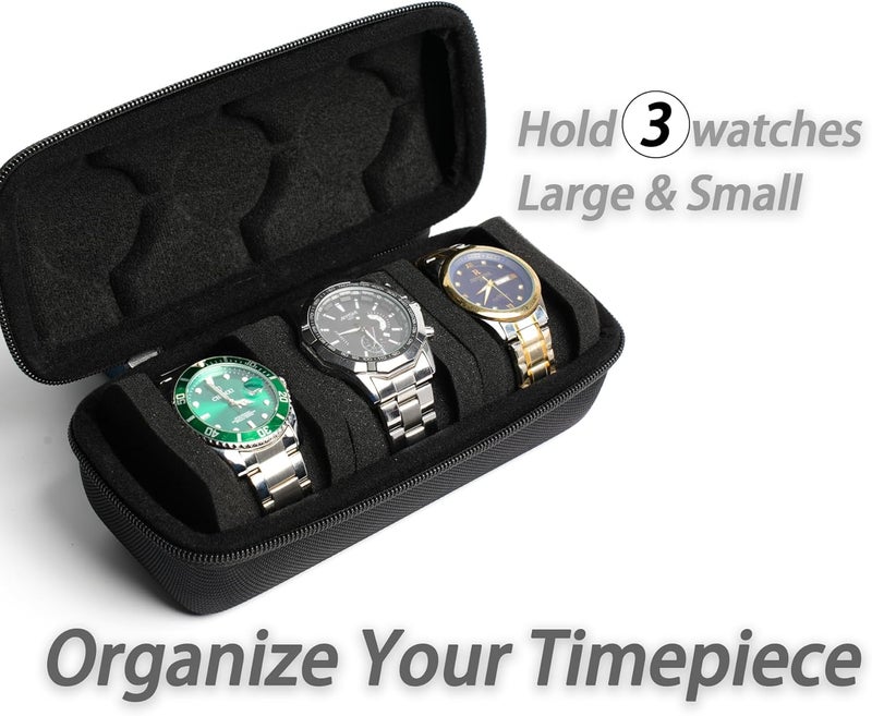 RIGICASE 3 watch travel case roll, Hard watch carry case roll display storage holder box with soft foam pillows snug fit all size watches up to 60mm face - Image 2
